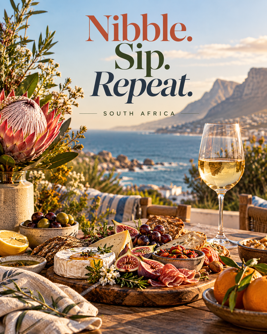 A South African food and wine scene, with a grazing board, protea flowers, white wine and a coastal view, under the words Nibble. Sip. Repeat. South Africa